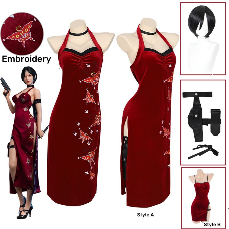 Resident Evil 4 Ada Wong Cosplay Costume Embroidered Cheongsam Style Red  Dress