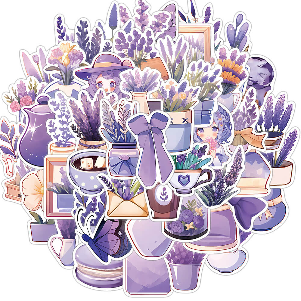 Large stickers]50pcs Aesthetic Purple Lavender Stickers For Suitcase  Scrapbook Stationery Laptop Flower Sticker Vintage Scrapbooking Supplies