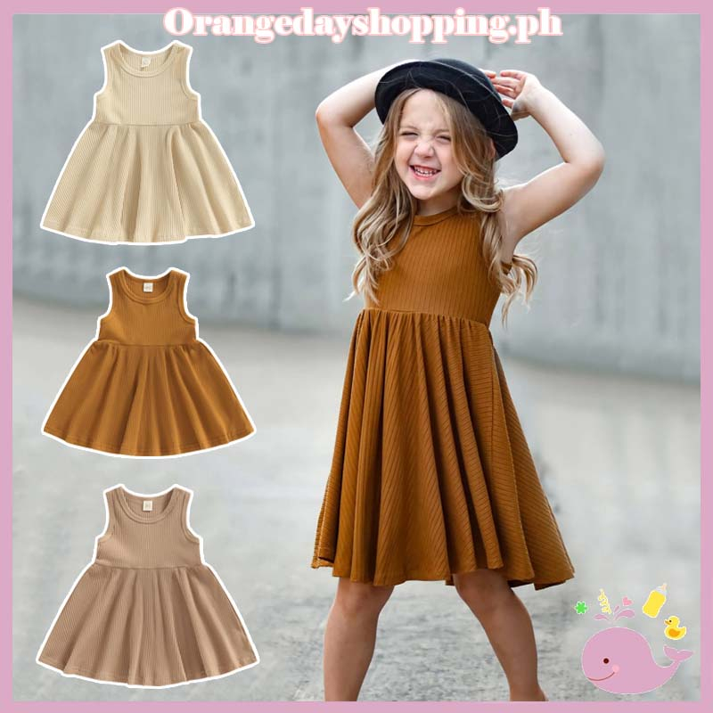 ORD7Toddler Baby Girl Summer Clothes Sleeveless Ribbed Dress Solid