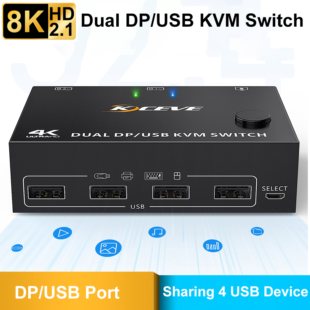 Dual DP/USB KVM Switch 8K30HZ 2 Computer Sharing USB Device Switcher