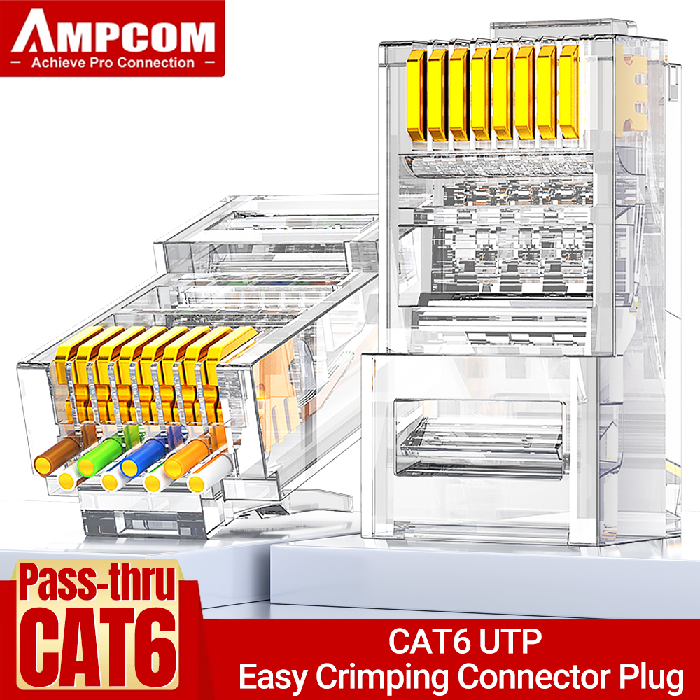 AMPCOM CAT6 CAT5E Pass Through RJ45 Modular Plug Network Connectors UTP ...