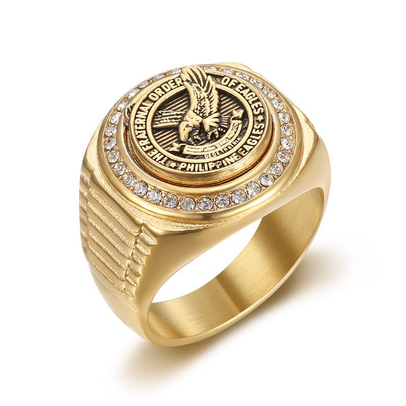 thumbnail image 2 of Men's Stainless Steel Lion Head Eagle Greek Key Round Ring - 316L, Gold/Silver Ion Plated, Sizes 9-13 2 of 2