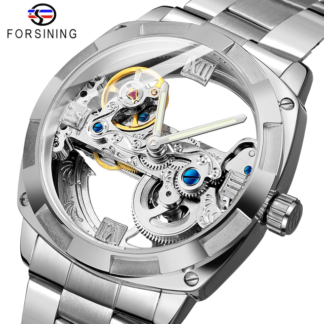 Forsining Silver Square Male Transparent Automatic Mechanical