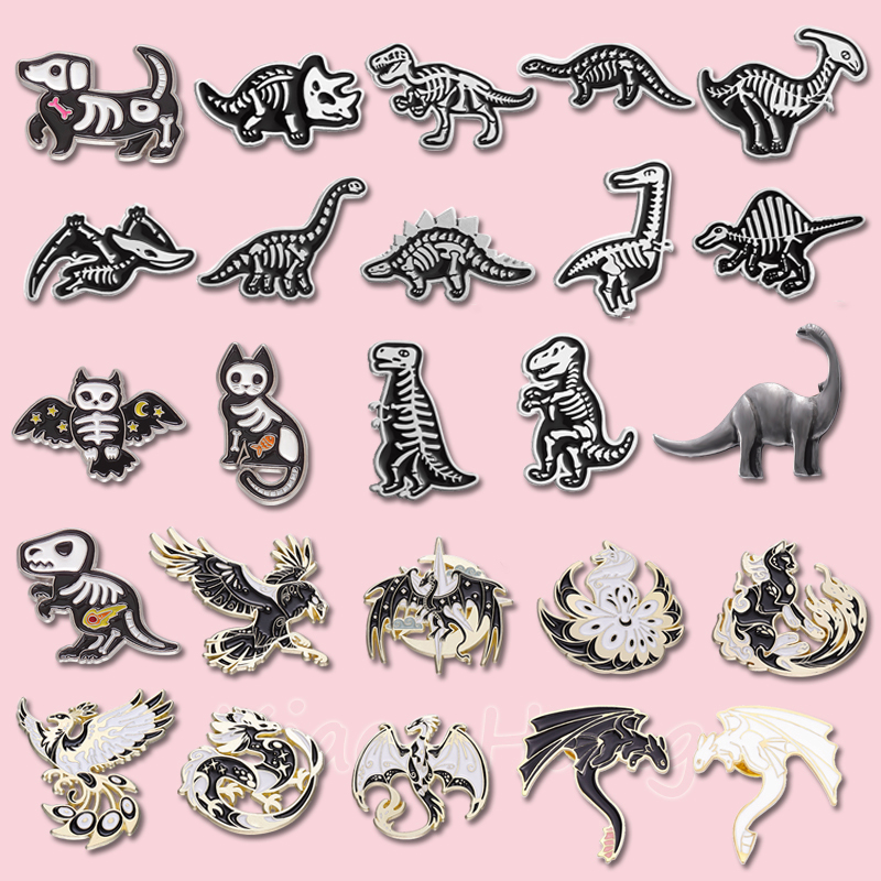 Punk Dinosaur Enamel Pin Dinosaurs Skeleton Brooch Animal Pins ...