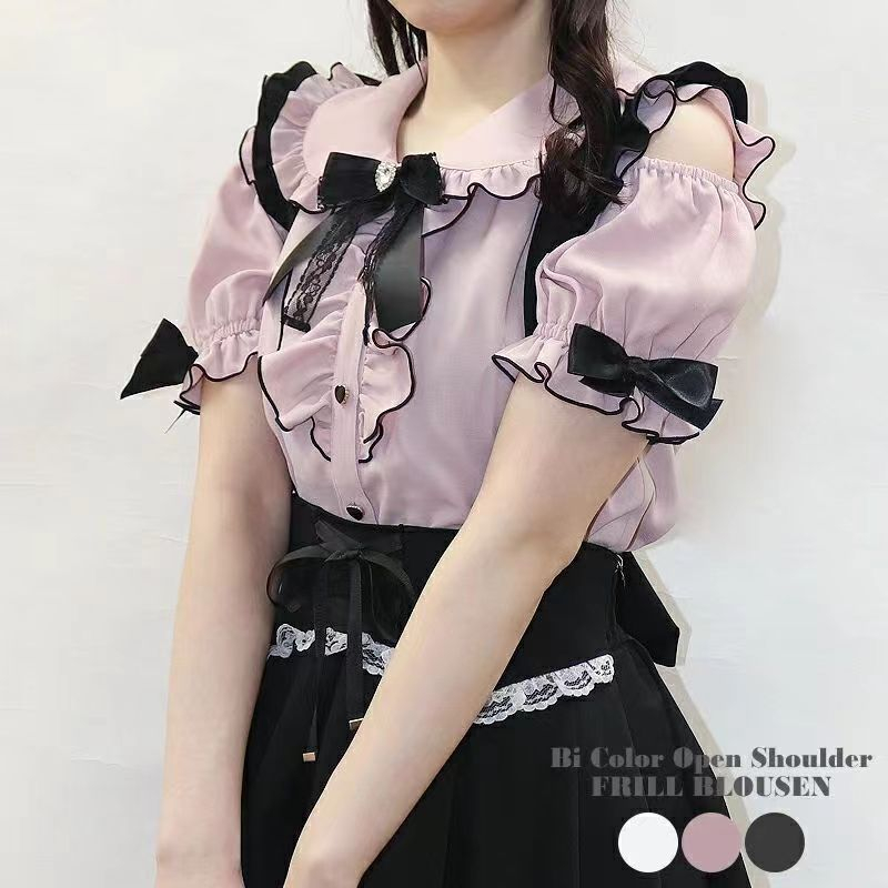 Japanese Sweet Jirai Kei Shirt Off Shoulder Short Sleeve Bow Lace Top ...