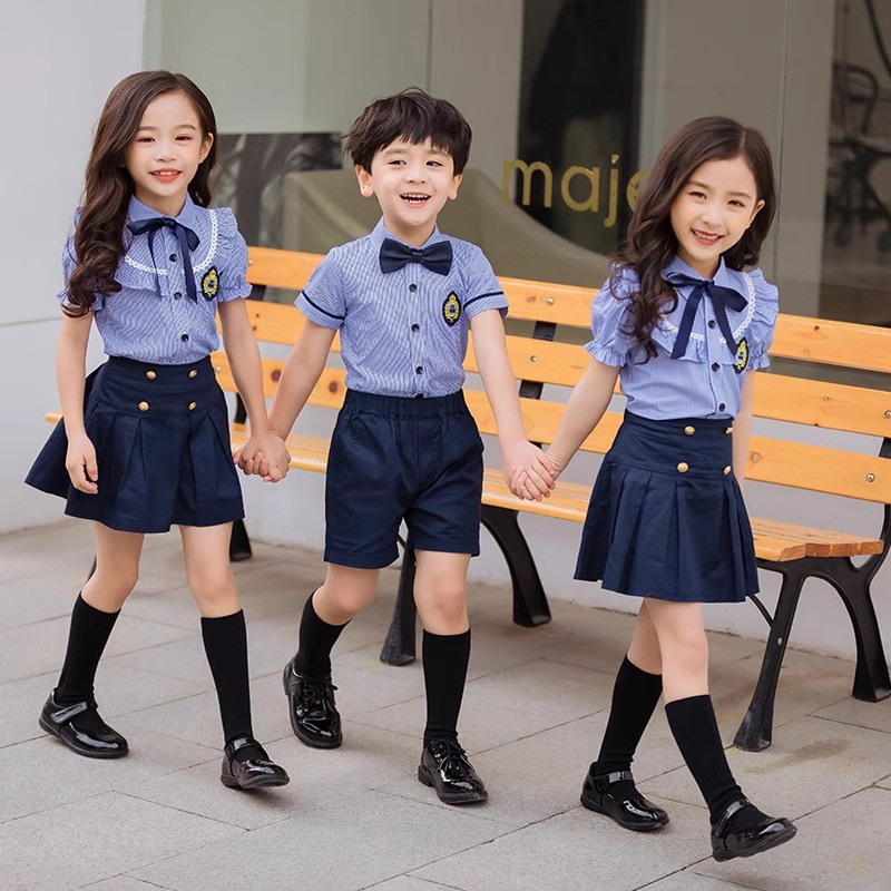 4Pcs Kid Boys Girls Uniform Stripe Shirt Shorts Pleated Skirt Bow Badge ...