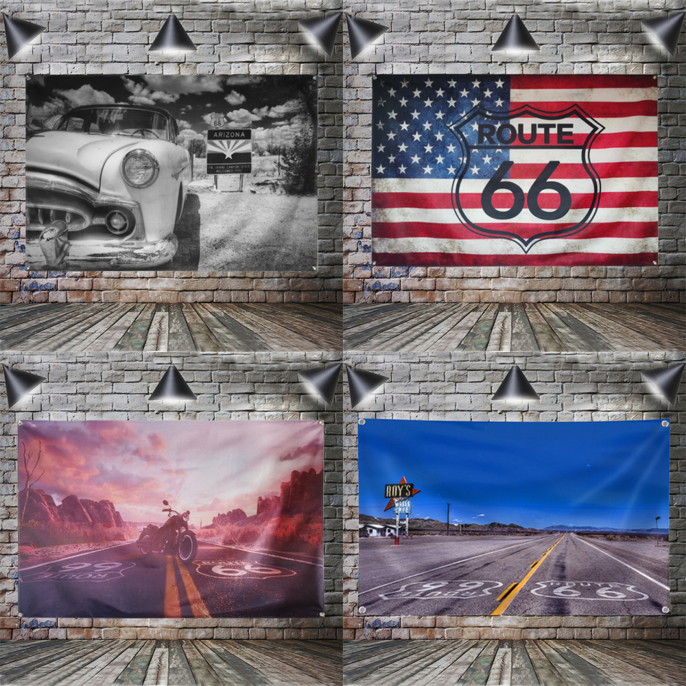 Route 66 Motorcycle Biker Rider Retro USA Flag Banner Art Home ...