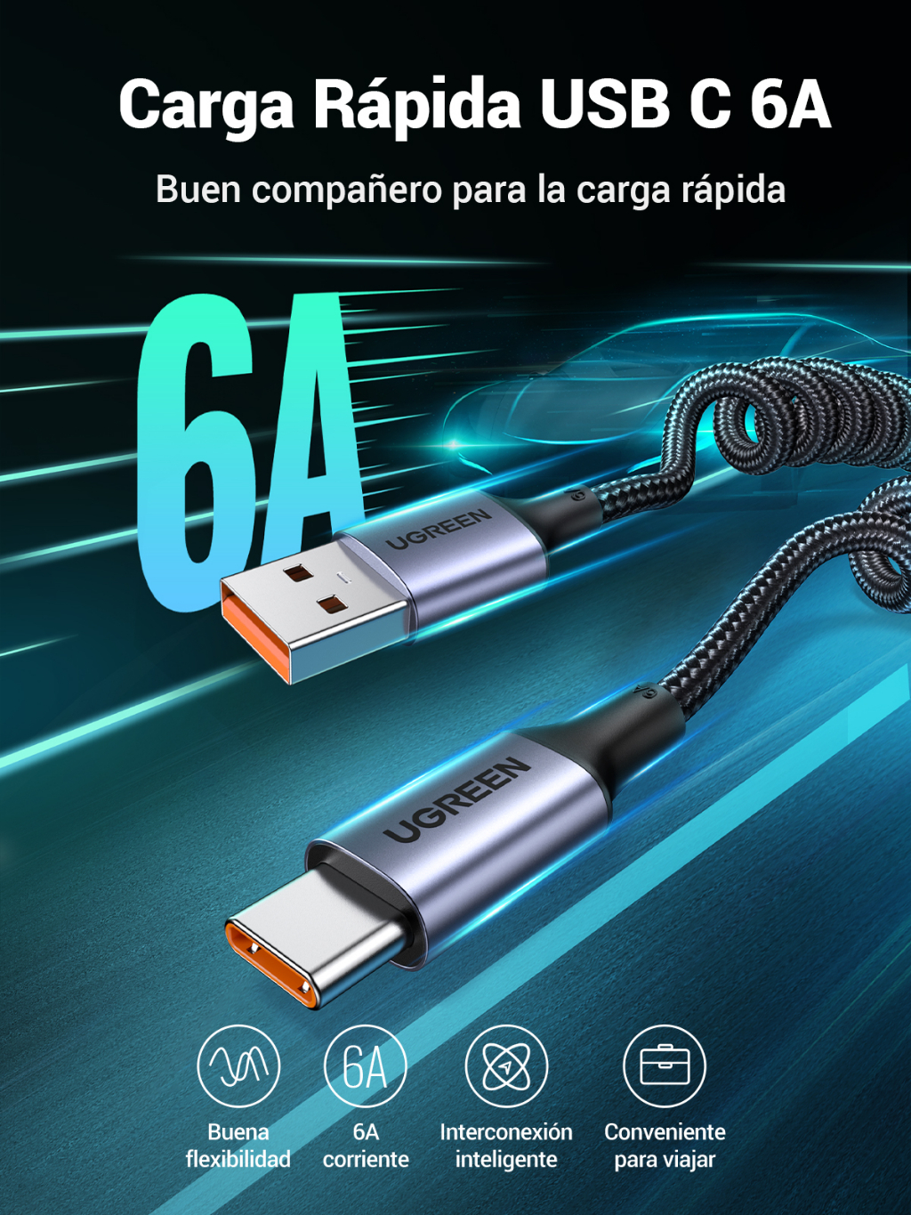 UGREEN Car Styling Storage Flexible 2A Charging Cable USB C 100W 6A ...