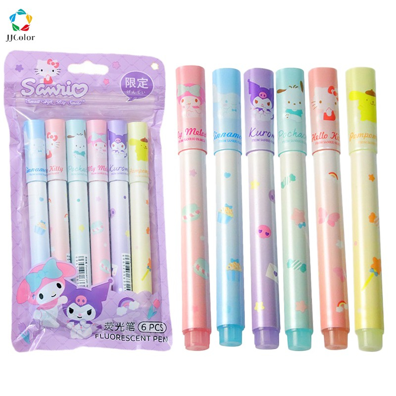 Kawaii Sanrio Highlighter Pen 6Pcs/Set Sweet Light Color Marker Pen for  Drawing Students Cute Cartoon Anime Graffiti Pen School&Office Supplies
