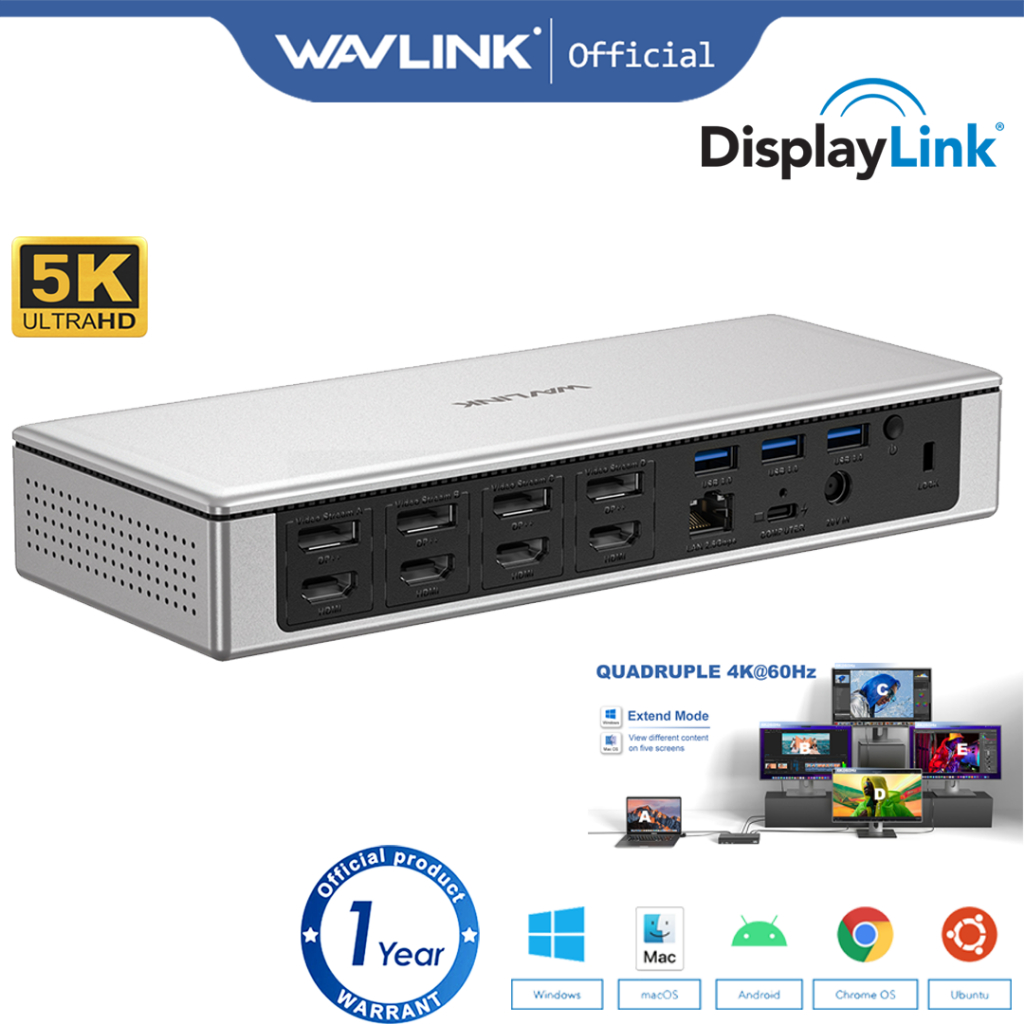 Wavlink Display Docking Station Quad Monitors 5K USB C/USB A for M1 M2 & Windows with PD100W