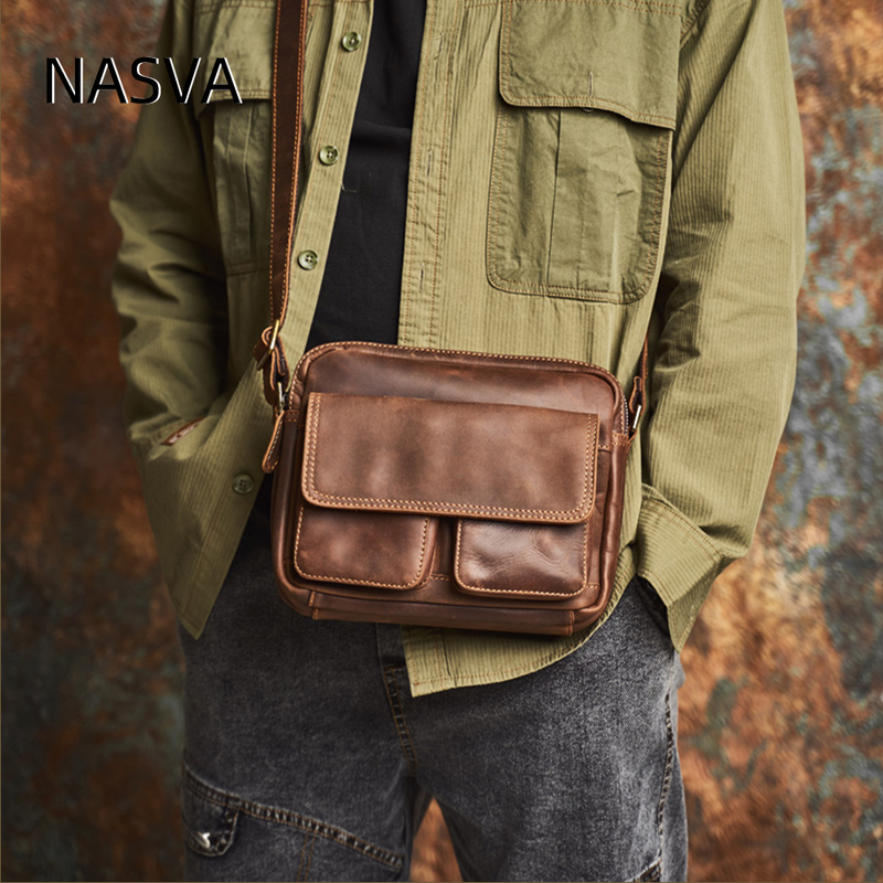 Nasva Retro Handmade Crazy Horse Leather Messenger Bag First Layer Cowhide  Shoulder Bag Genuine Leather Horizontal Casual Bag Boys Me