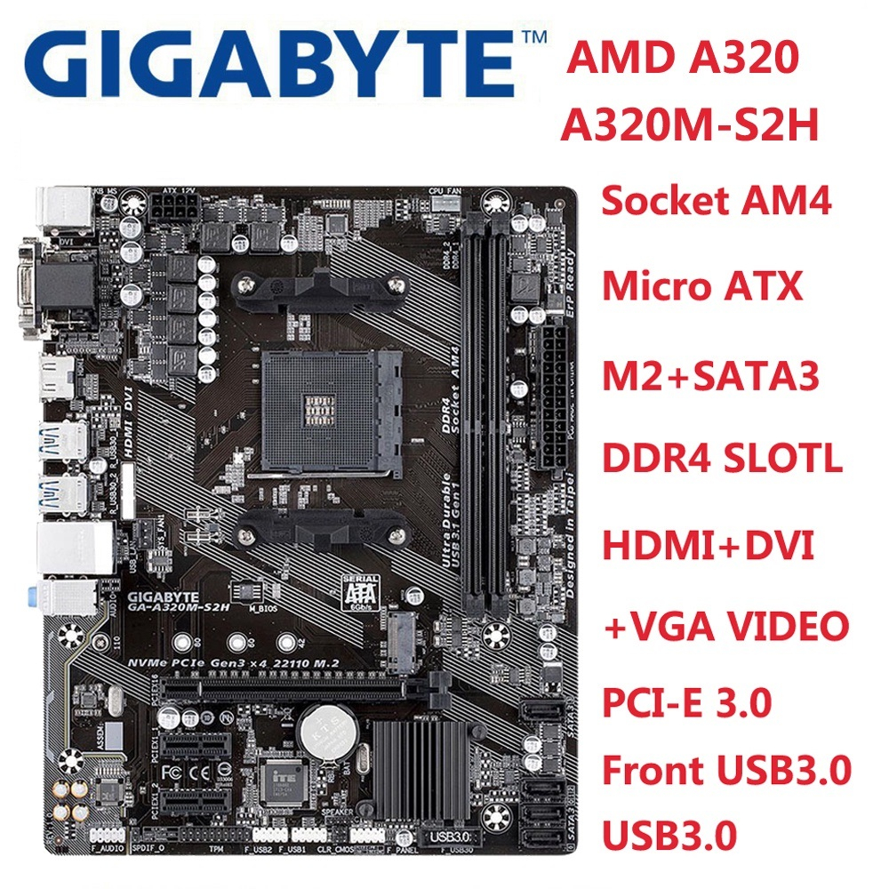 USED Gigabyte GA-A320M-S2H Motherboard Micro ATX AMD A320 DDR4 M.2 USB3 ...