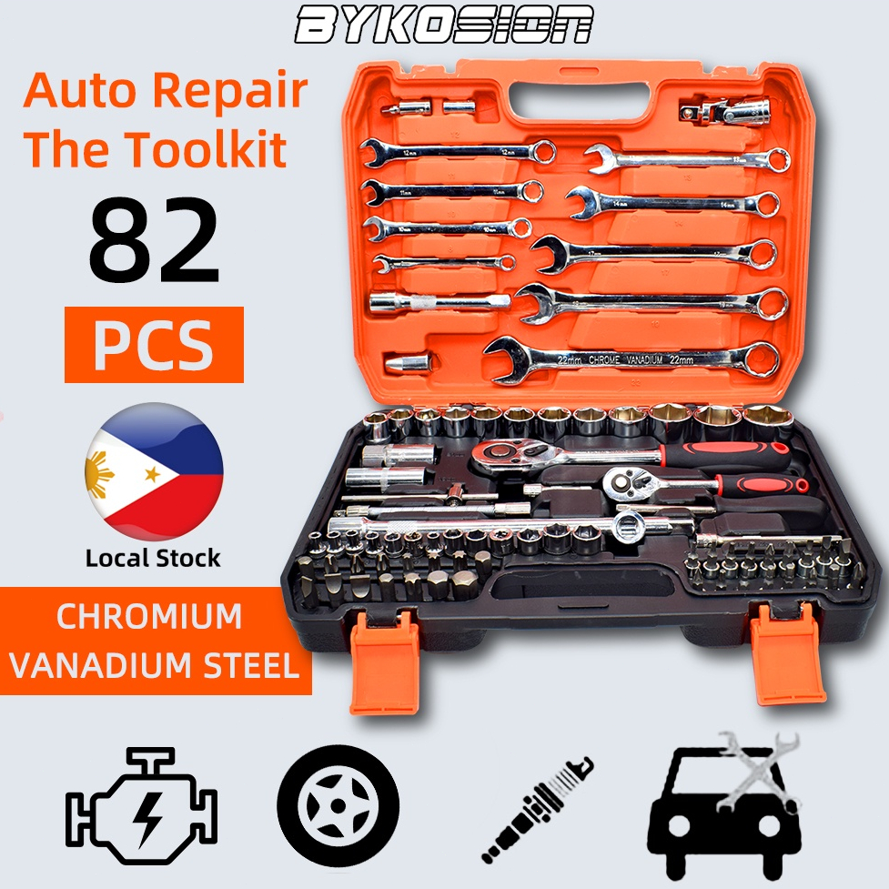 BYKOSION 82 Pcs Car And Motorcycle Tool Box 72 Tooth Ratchet Wrench