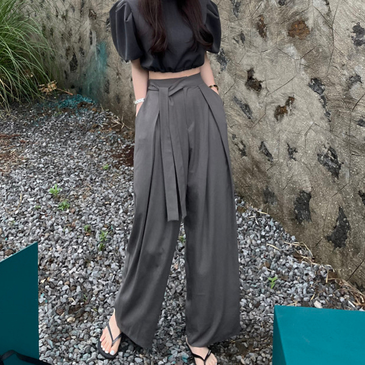 【Ready Stock】baggy suit pants Asymmetric Strap high waist Korean style casual Loose Solid Color