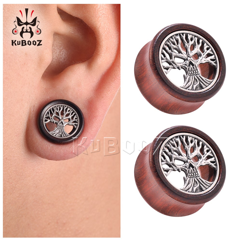 KUBOOZ 2PCS Skull Life Tree Wood Ear Tunnels Expanders Body Piercing ...