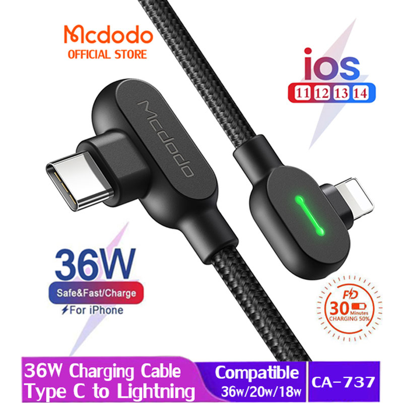 Mcdodo Charger 36W PD USB-C To Lightning Fast Charging For iP 14 13 12 11  Por Mxs XS Cables CA-737