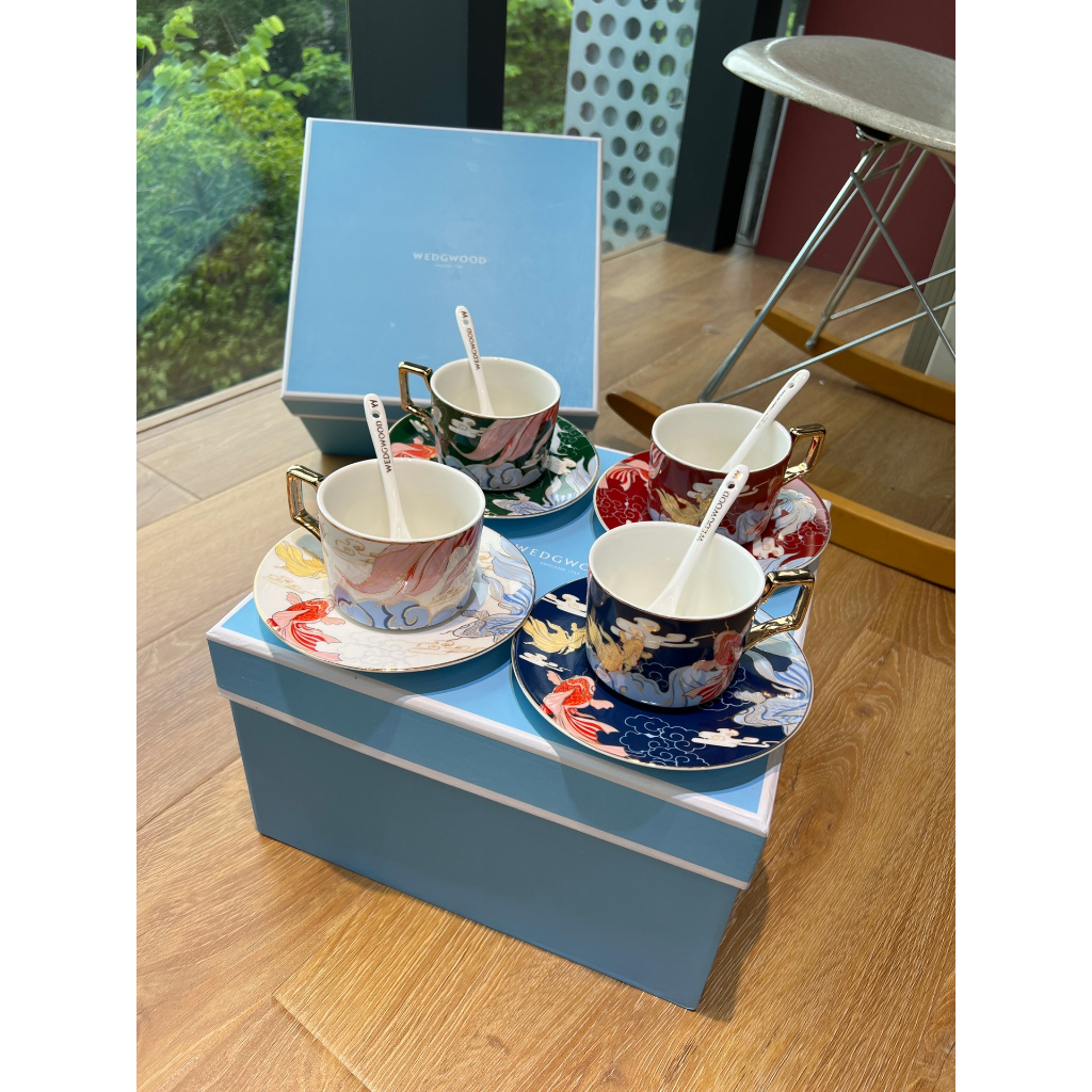 Wedgwood Chinese Classical Fish Bird Painted Bone China 4 Coffee Cup+4 ...