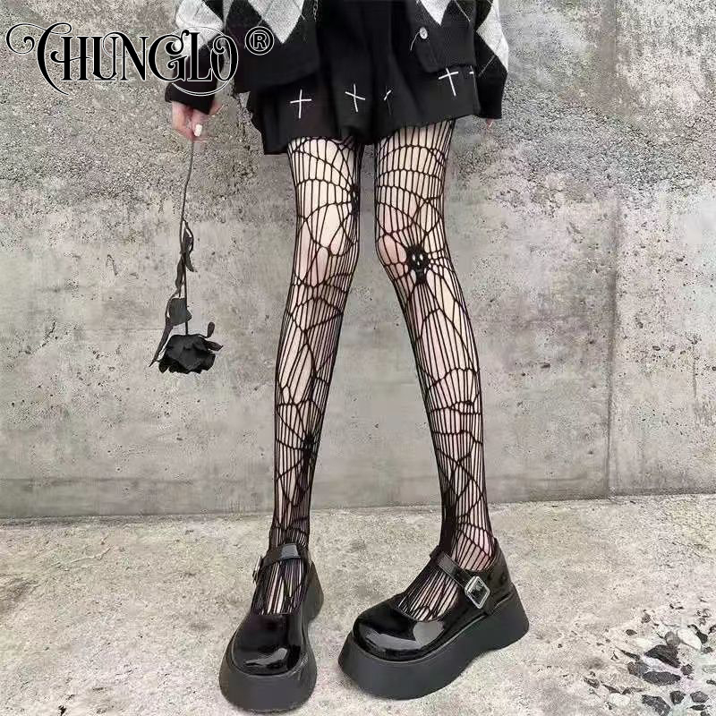 CHUNGLO Gothic Skull Jacquard Fishnet Stocking Women Sexy Thigh High ...