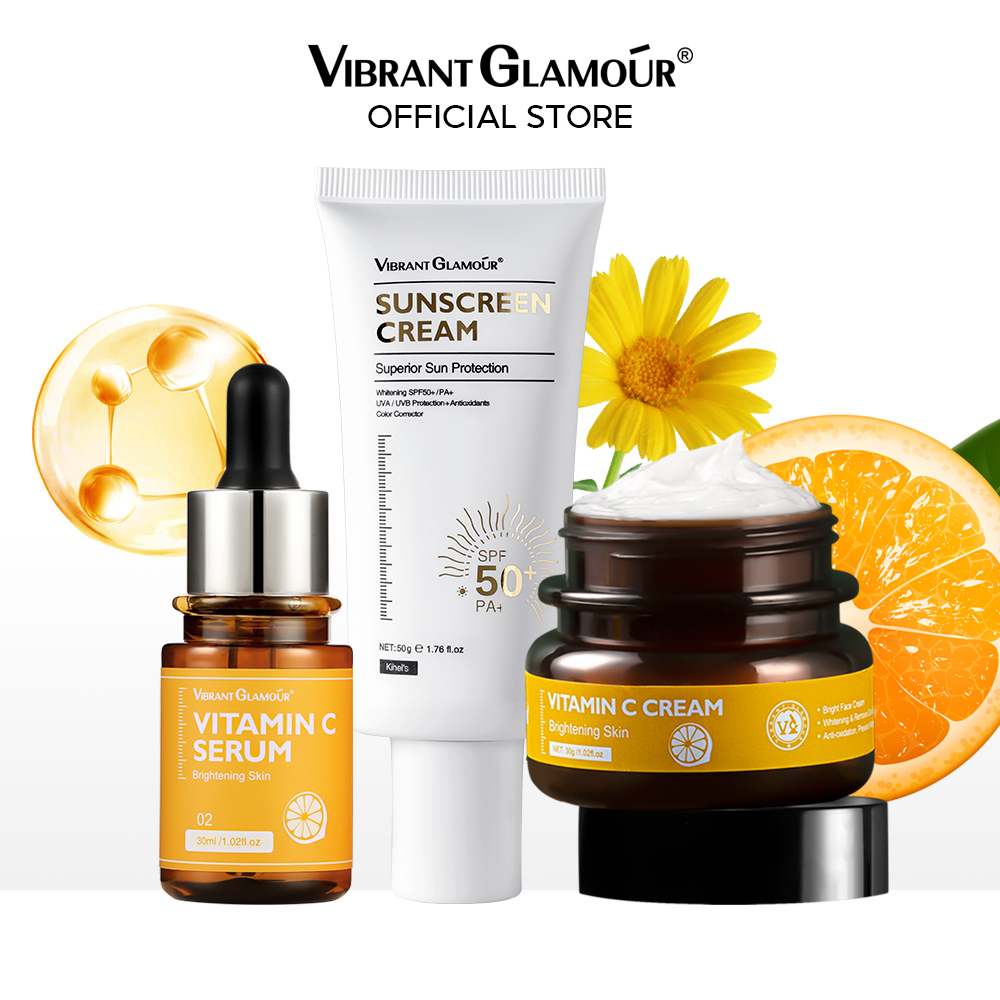 VIBRANT GLAMOUR Vitamin C Face Serum Cream Spf 50+ Sunscreen Cream VC Whitening Combo Set Facial