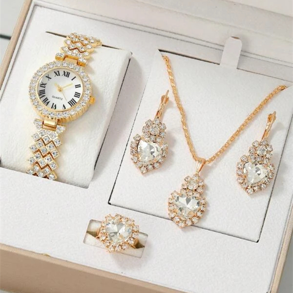 【Ready Stock】Diamond Women Watch Alloy Quartz Watch Necklace Earrings