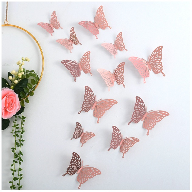 12pcs 3D Rose Gold Hollow Butterfly Wall Sticker DIY Home Decoration ...