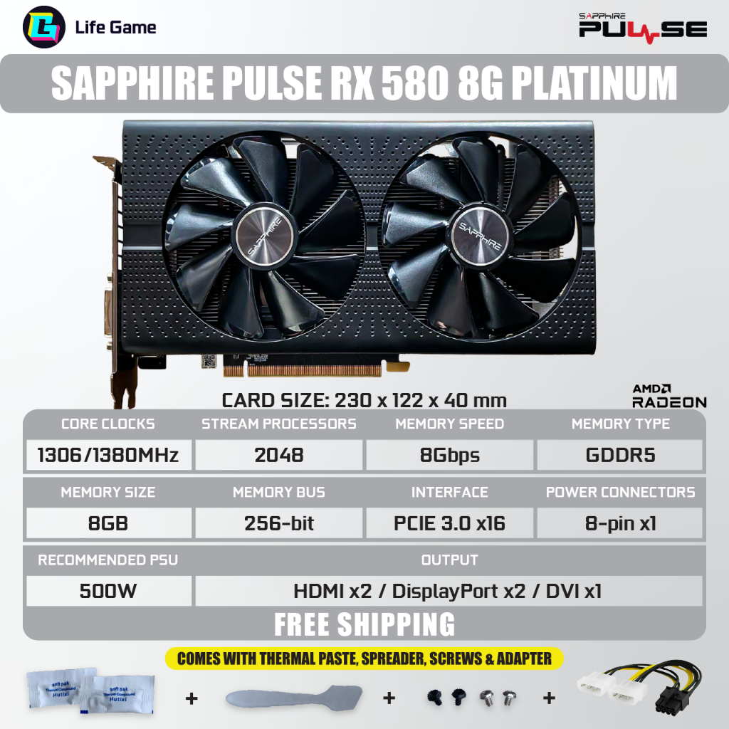 Used Sapphire RX 580 Pulse 2048sp 8G 8GB D5 DUAL FAN AMD Graphic ...