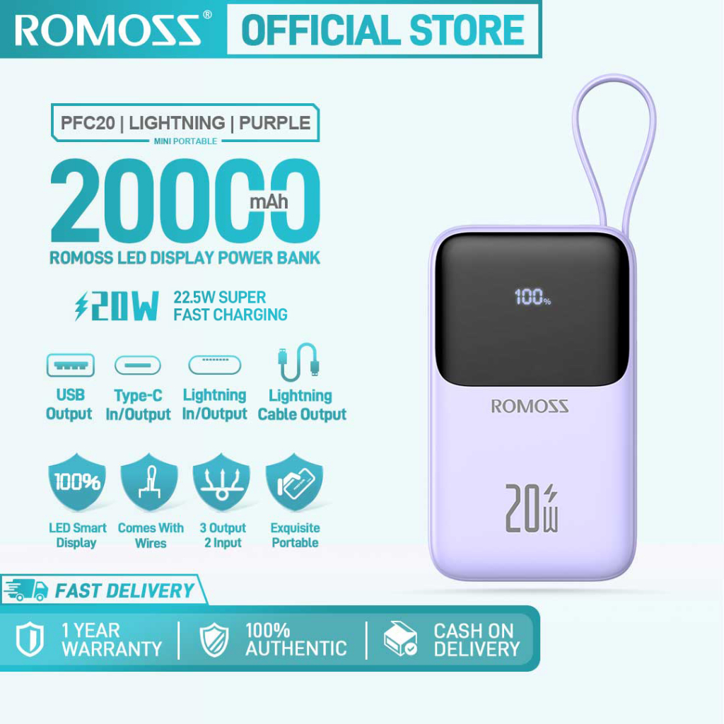 Romoss Pfc20 20000mah 225w Pd20w Fast Charging 3 Output 2 Input Built In Cable Power Bank 6172