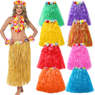 HAWAIIAN LONG GRASS SKIRT FLOWER 6 SET GARLAND FANCY DRESS COSTUME PARTY  BEACH