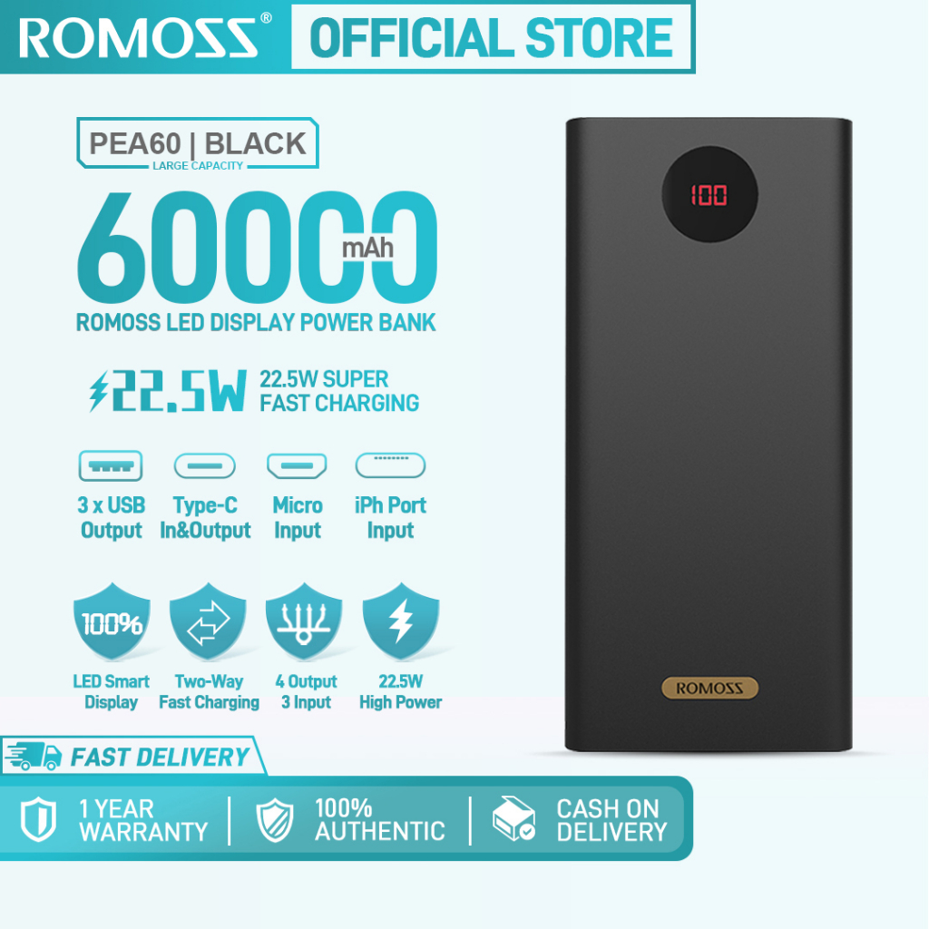 ROMOSS Sense8P 30000mAh Power Bank, 18W Type C PD Fast Charge Portable Charger With 3 Outputs And 3 Inputs Huge Capacity External Battery Pack Compatible I