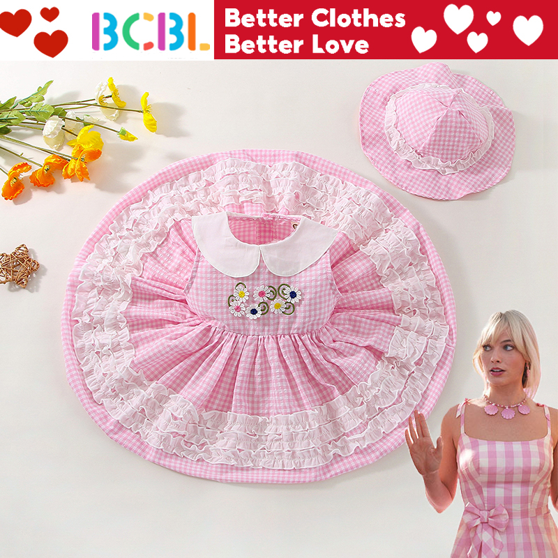 Barbie Dress For Baby Girl 1-2 Years Old Plaid Sleeveless Pink Dress With  Hat Set Kids Girl Dress | Shopee Philippines