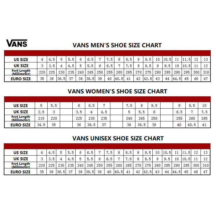 Vans vault size chart top