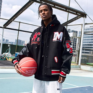 Men's Embroidered Hip Hop Varsity Jacket with Leather Sleeve