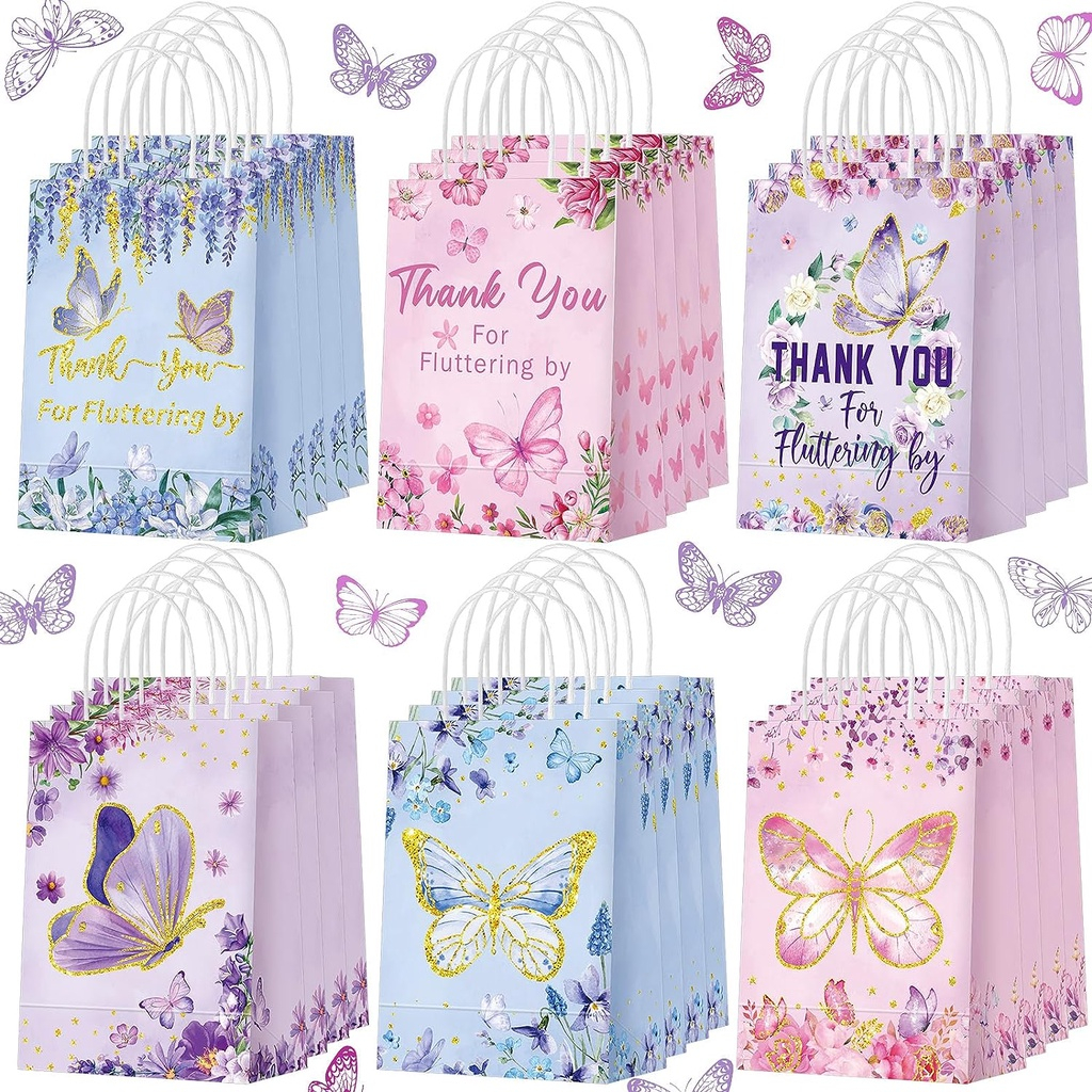 Butterfly Gift Bags Pink Purple Flowers Paper Bags For Girls Butterfly
