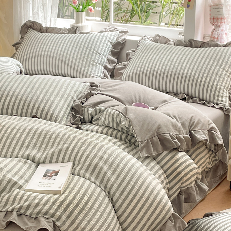 IN Bedding Set With Ruffles Single Queen King Size Gray Color Stripe  Pattern INS Style Duvet Cover Bedsheet Pillow Case