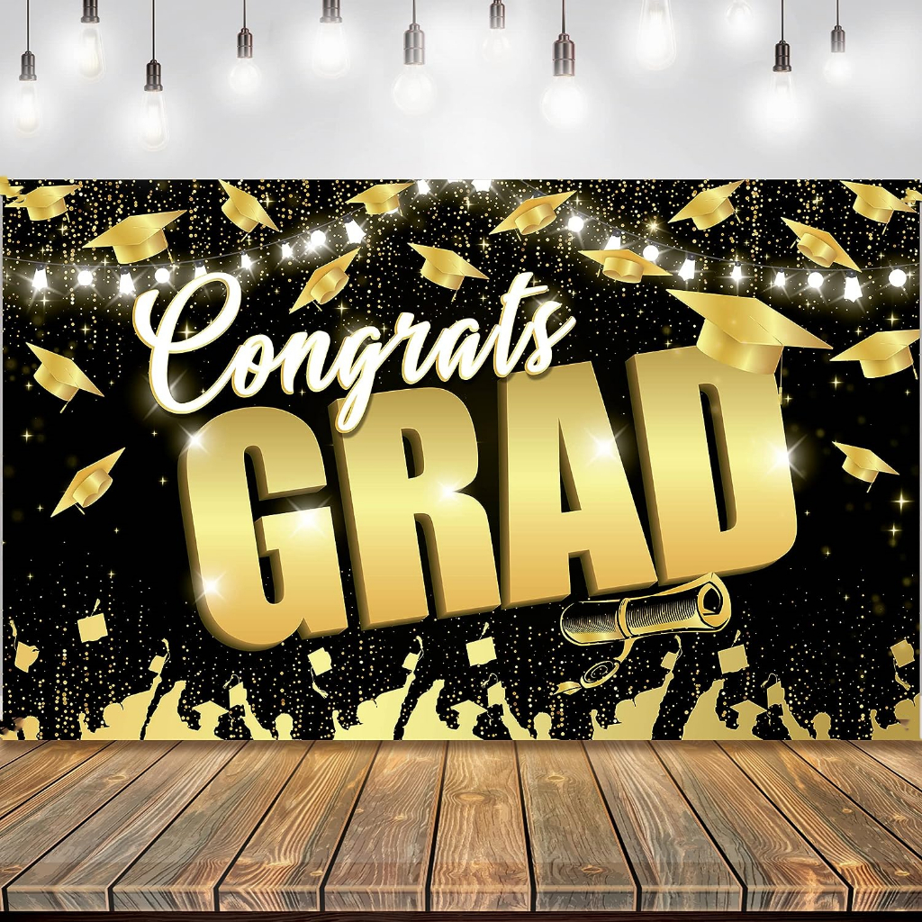 7x5ft Congrats Grad Backdrop Black and Gold Graduation Backdrop ...