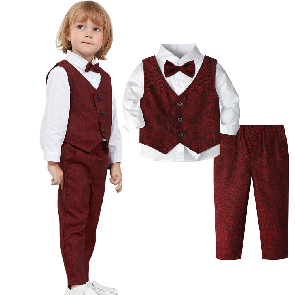 Formal Attire for Kids Boys Ring Bearer Outfit Toddler Gentleman Christmas Clothes Children New Year Suit Child Birthday Photoshoot Set Baby Toxido Pageant Dress 1 5 Years Red Green Waistcoat Trouser ...