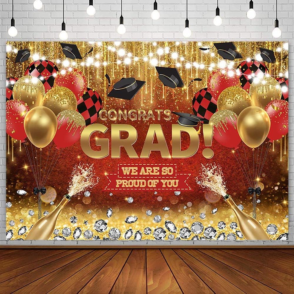 7x5ft Congrats Grad Backdrop Red Gold Glitter Diamond Graduation ...