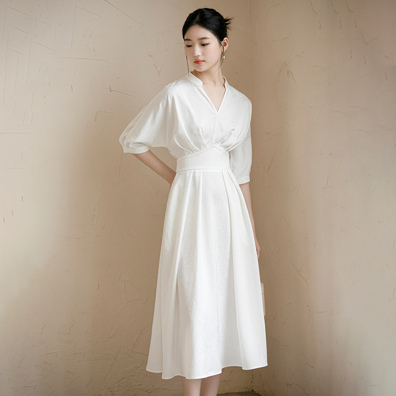 korean v neck puff sleeve long dress for woman casual plus size semi formal  dress for graduation simple elegant white dress for civil wedding debut  cocktail dress for teens | Shopee Philippines