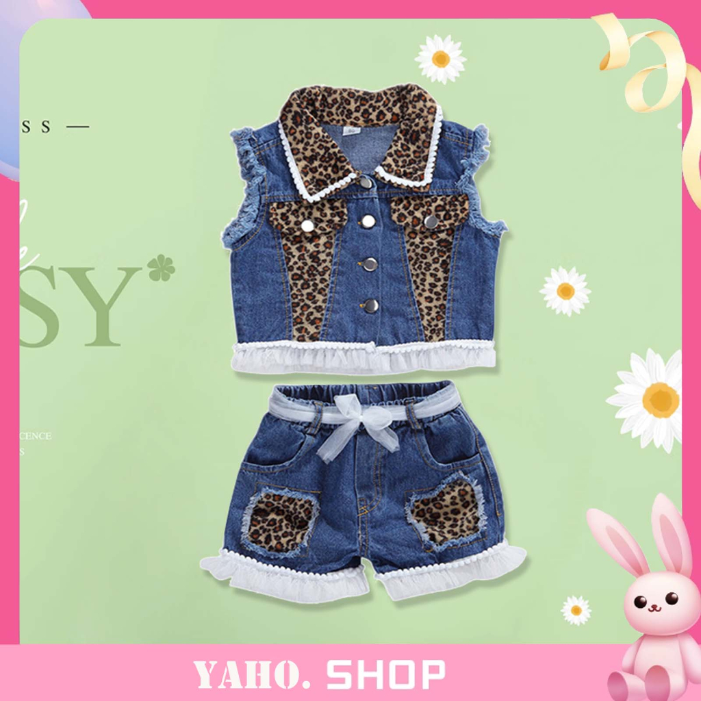ZXT2Pcs Kids Girl Denim Set Sleeveless Leopard Denim Tank Coat and