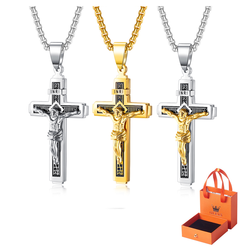 OLEVS Necklace Men Stainless Steel Cross Pendant Jesus Gold Blessing ...