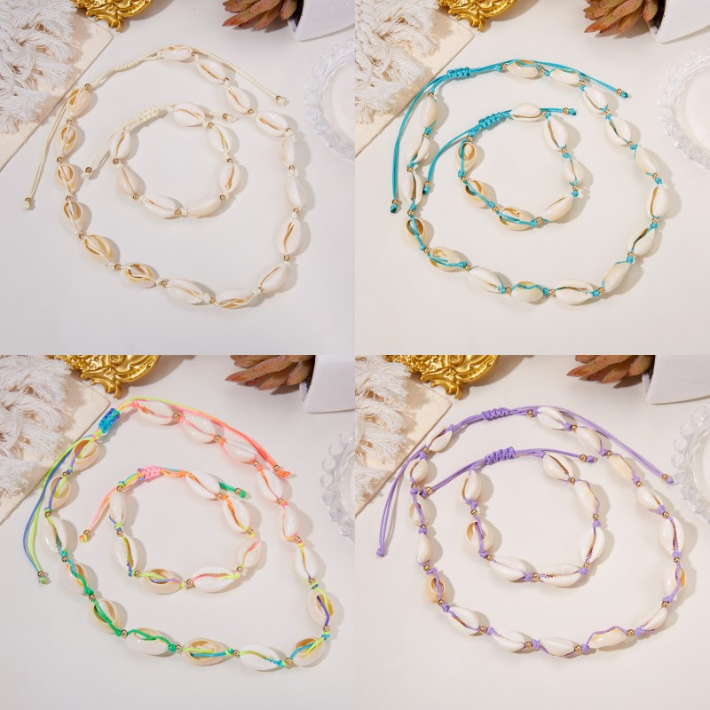 2 Pcs/Set Fashion Colorful Shell Bracelet Necklace Handmade Wax Rope ...