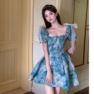 Floral Chiffon Dress Women Korean Style 2022 Summer New Square Neck Short  Sleeve Princess Dress Ins Style Irregular Skirt A-line Skirt for Women