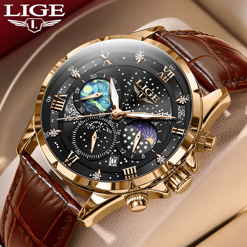 LIGE Original Men's Analog Quartz Leather Strap Waterproof Sport Watch  Luminous Chronograph Date Wristwatch - Main Image