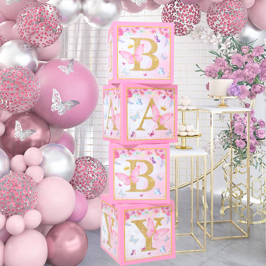 Butterfly Theme Letter Balloon Box Set Christening Decoration Set Pink Balloon Box With BABY
