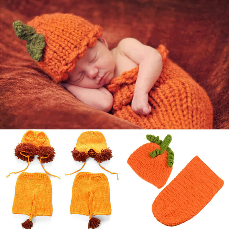 Newborn Baby Orange Knitted Pumpkin Hat and Cute Sleeping Bag Suit Infant Photography Props
