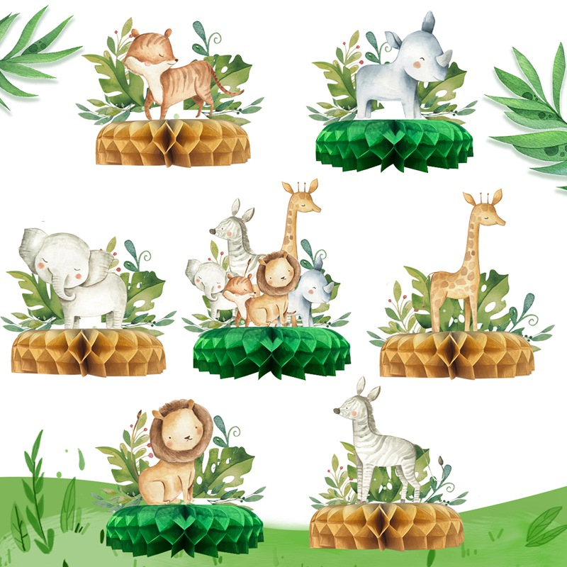 9-Piece African Safari Honeycomb Centerpieces - Jungle Animals For Baby Shower, Birthday Party Decor