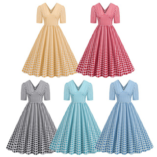 40- Summer Women Vintage 60s Gingham Pinup Swing Halter Dress In