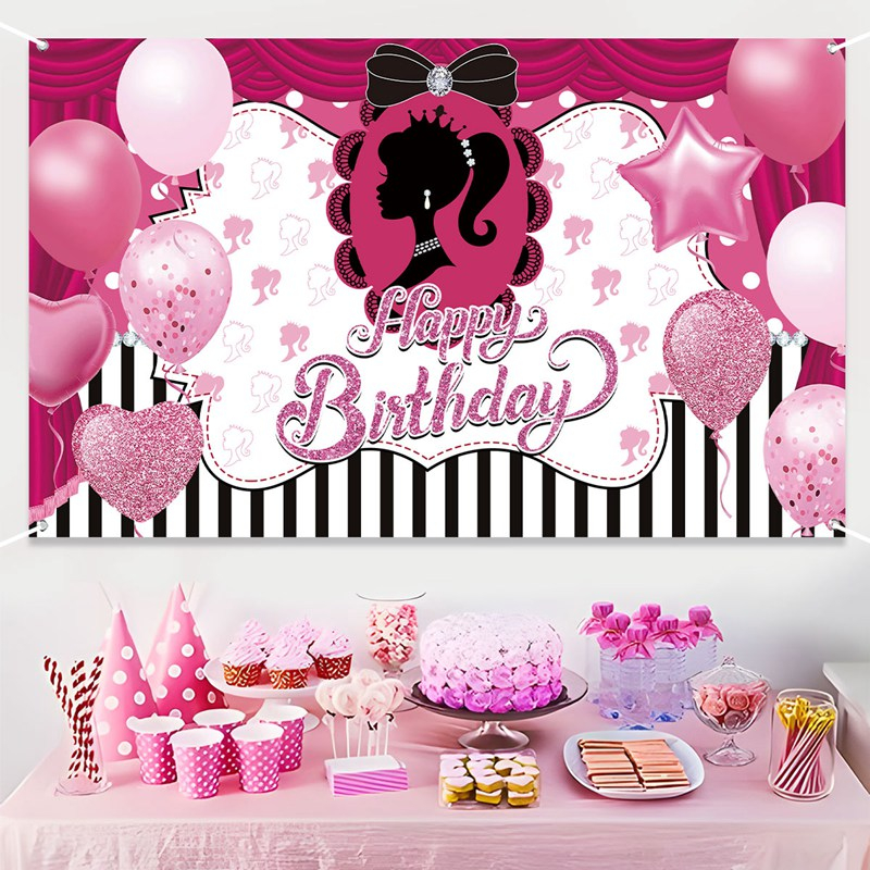 1.5*1M Pink Theme Happy Birthday Banner Girls Pink Princess Party ...