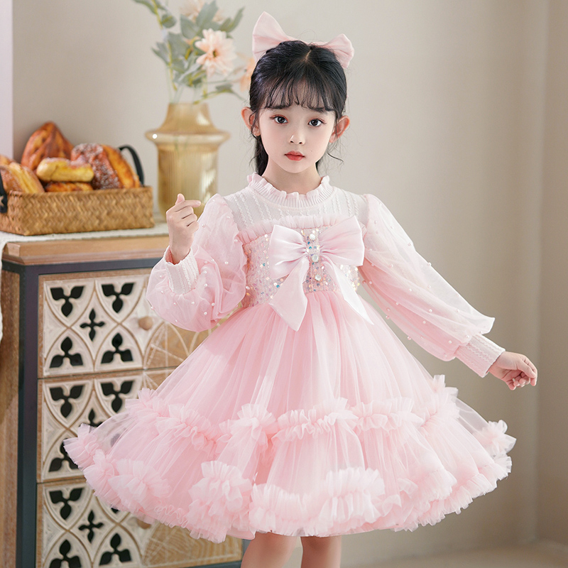 Girls Princess Dress Spring Autumn Long Sleeved Sequined Lace Gown