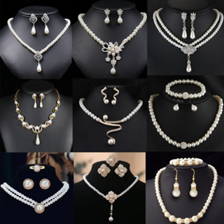 Adjustable Pearl Necklace Set Raicegs Pearl Jewelry Set For Women Wedding Pearl Necklace Bracelet Earrings Set Bride Bridesmaid Dainty Jewelry Gift For Women Girl, Faux Pearl, No Gemstone Bridesmaid Jewelry Set